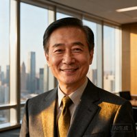 一位年约五十岁的华人男性企业家肖像，身着深灰色定制西装，面带微笑，背景为现代化办公室落地窗